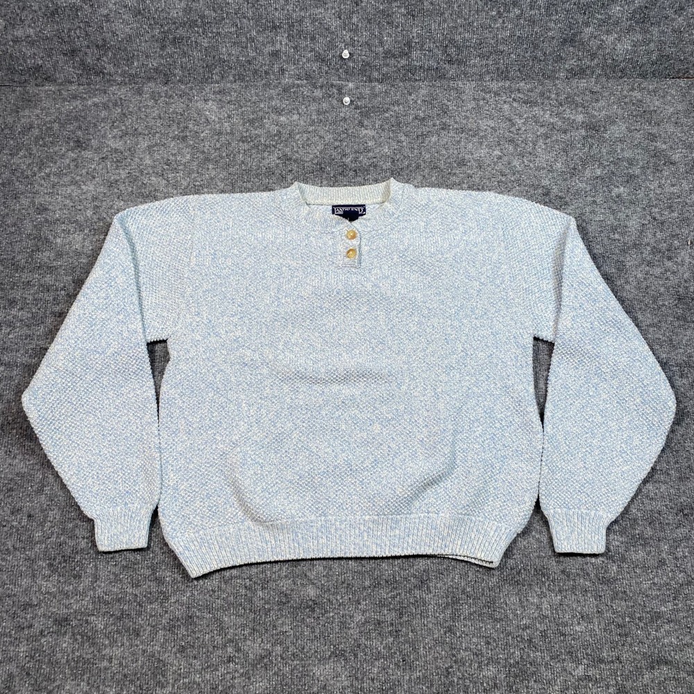 Lands End Vintage Womens M Blue White Marled Cotton Henley Sweater Made in USA